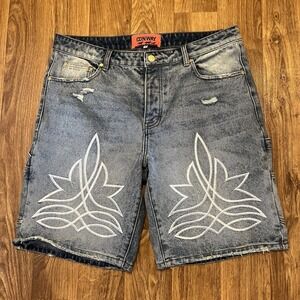 Y2K Hip Hop Baggy Jorts‎ Men 36 Blue Jean Denim Distressed Embroidered